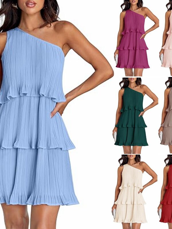 women's clothing  hot shoulder layered stitching hem pleated sleeveless dress