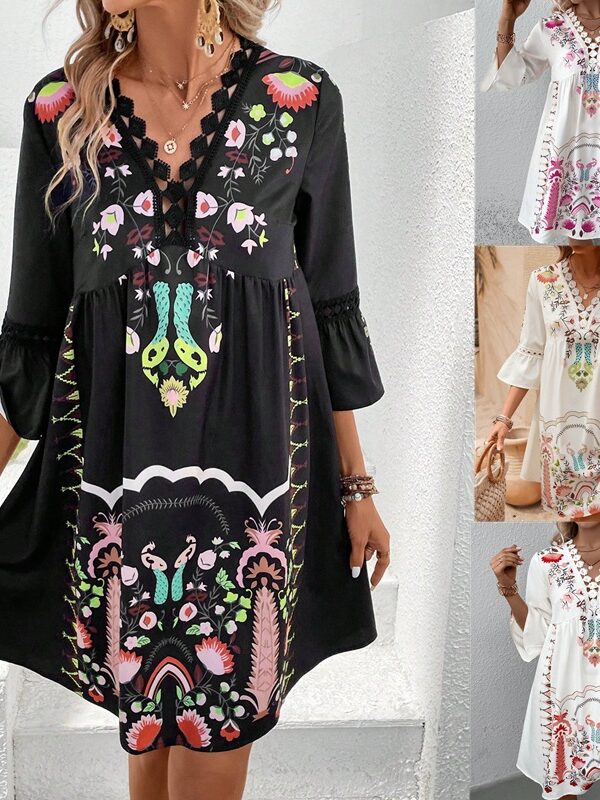 women's clothing summer new V-neck lace stitching casual all-matching printed dress