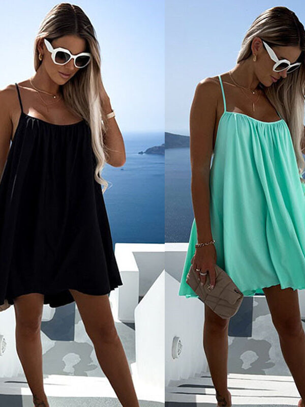 Summer new  women's clothing solid color round neck sleeveless loose sling dress