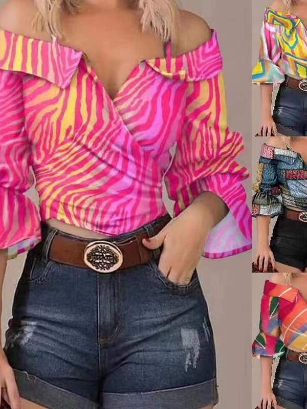 spring and summer fashion floral-print off-shoulder sling polo collar top