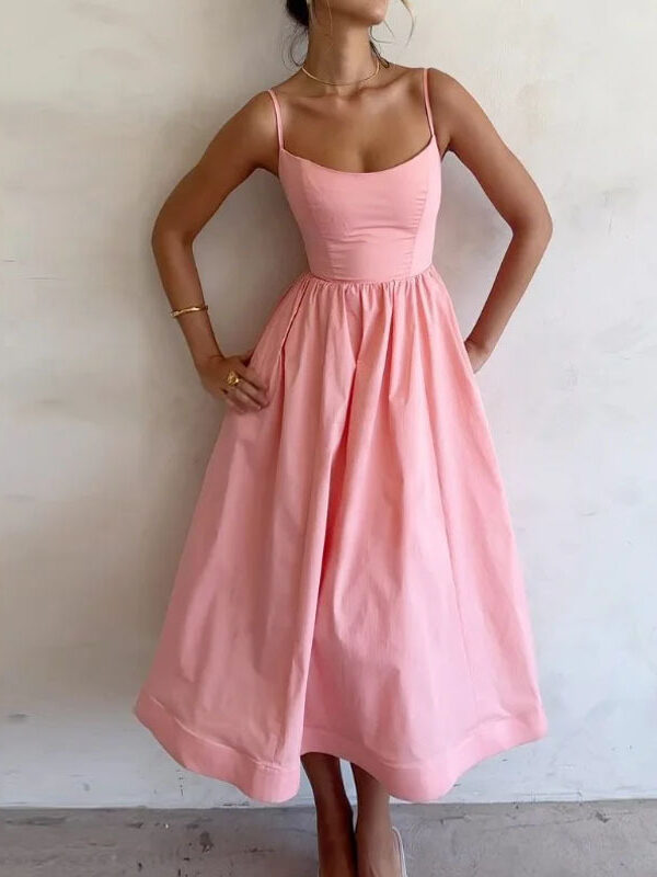 women's clothing new spring dress solid color sexy U collar fitted waist pleated Sling