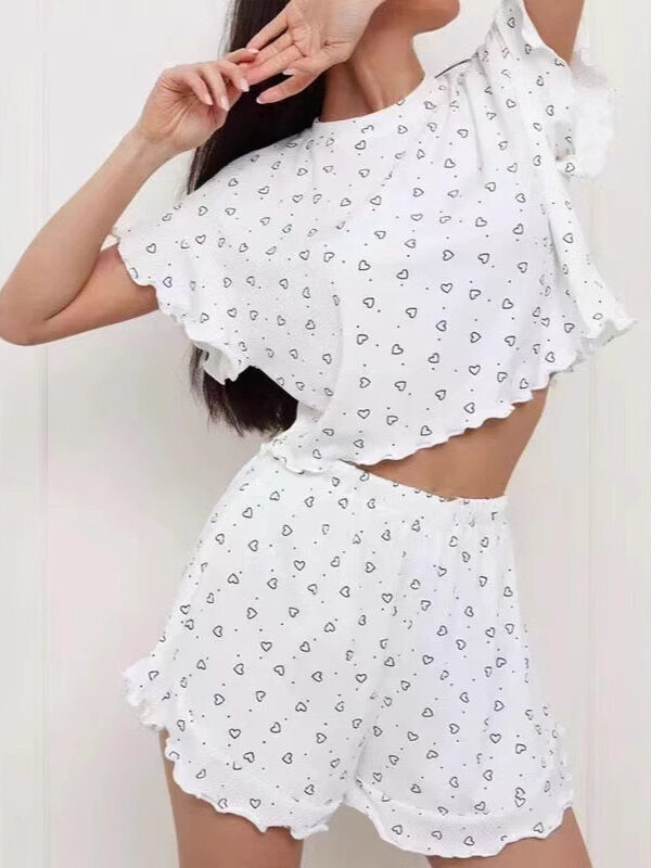 women casual printing suit ruffled short sleeve round neck shorts pajamas two-piece set
