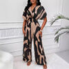 Spring Summer new short sleeves printed waist-controlled jumpsuit fashion wide-leg women