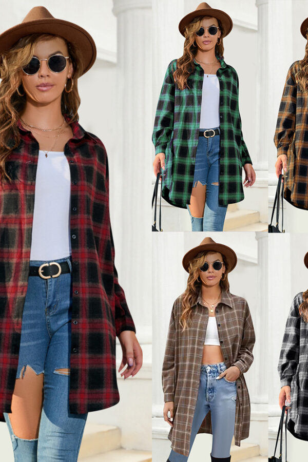 Plus size women's long-sleeved plaid shirt women's autumn mid-length plaid shirt