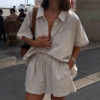 Casual linen-like striped short-sleeved shirt and shorts