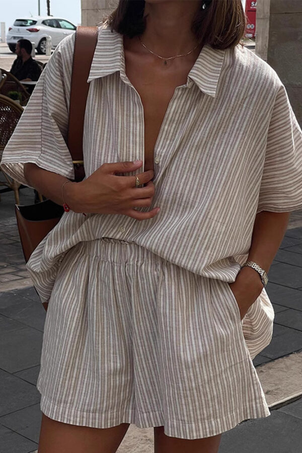 Casual linen-like striped short-sleeved shirt and shorts