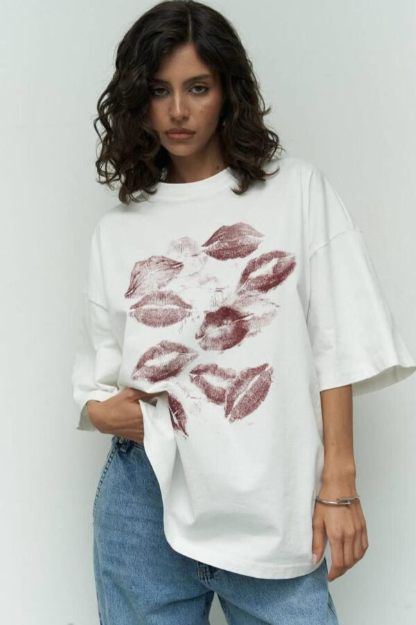 women's outer wear niche sexy lip printings contrast color short sleeve T-shirt
