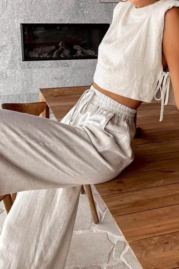 women's clothing fashion cotton and linen suit padded shoulder sleeveless top cotton linen pocket wide leg pants two-piece set