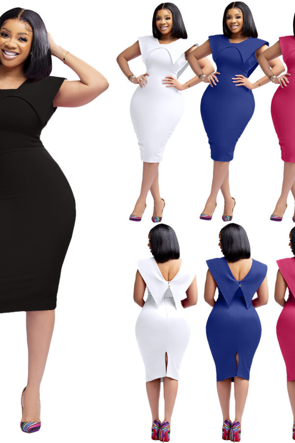 women's clothing Office dress sleeveless square collar back zipper split dress