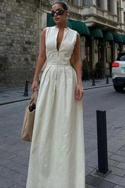 New sleeveless V-neck casual temperament commute tight waist zipper collar dress