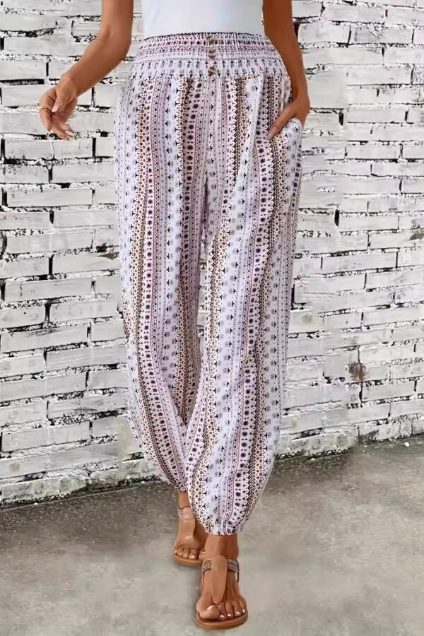 women's clothing style Bohemian ethnic print loose slimming draping effect elastic waist ankle-tied casual pants