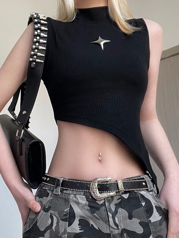 street metal five-pointed star stitching high-necked sleeveless top women's