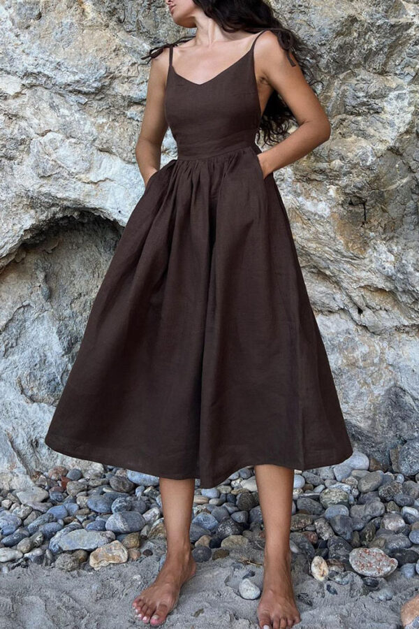 sexy pure desire cotton and linen strap backless sling dress
