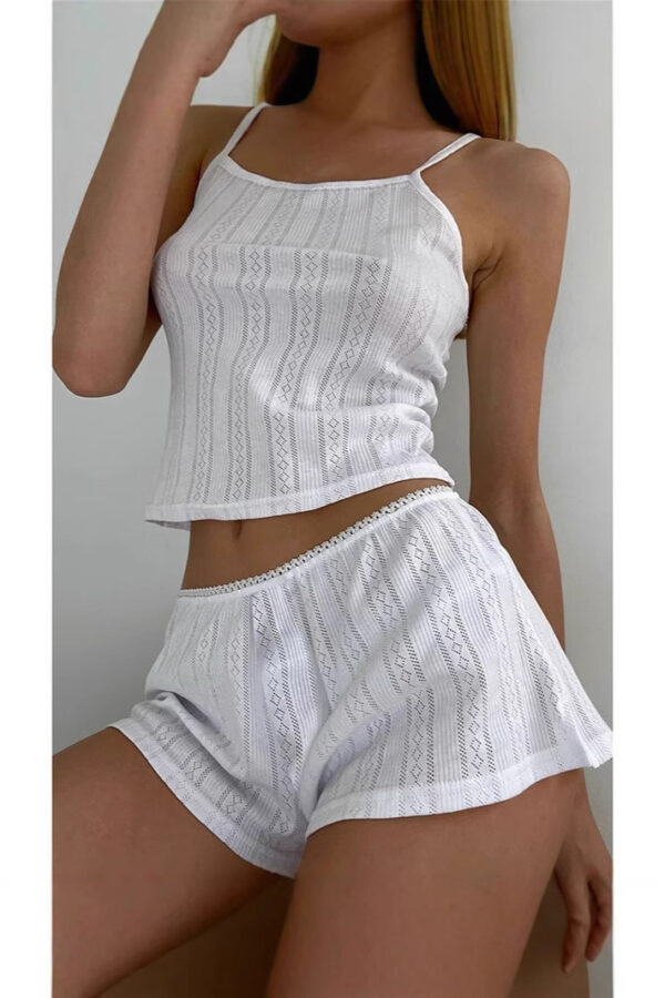 summer sexy knitted suspender shorts ladies' homewear jacquard White cool pajamas two-piece set