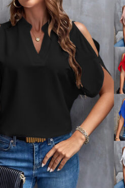 new V-neck solid color graceful and fashionable off-the-shoulder sleeves women blouse