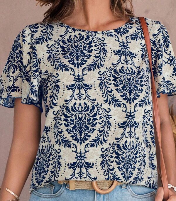 fashionable printed ruffle sleeve short sleeve T-shirt