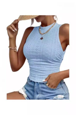 Women fashion cropped tank top turtleneck mesh jacquard top