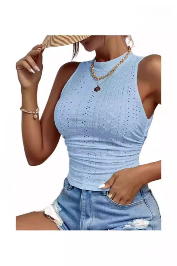 Women fashion cropped tank top turtleneck mesh jacquard top