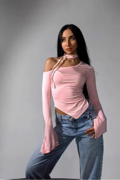 new fashion solid color slim-fit oblique shoulder off-shoulder sexy long sleeve T-shirt top