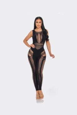 new solid color round neck sleeveless Sexy Slim hollow one-piece knitted one-piece trousers