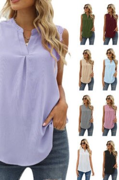Cross-border European and American women's clothing Amazon spring and summer new solid color shirt loose V-neck sleeveless lace lace-collared blouse