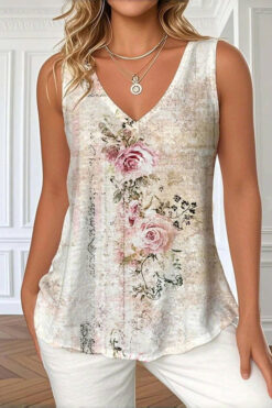 2025 Europe and America cross border new retro rose printed V-neck loose temperament vest female Temu independent station hot sale