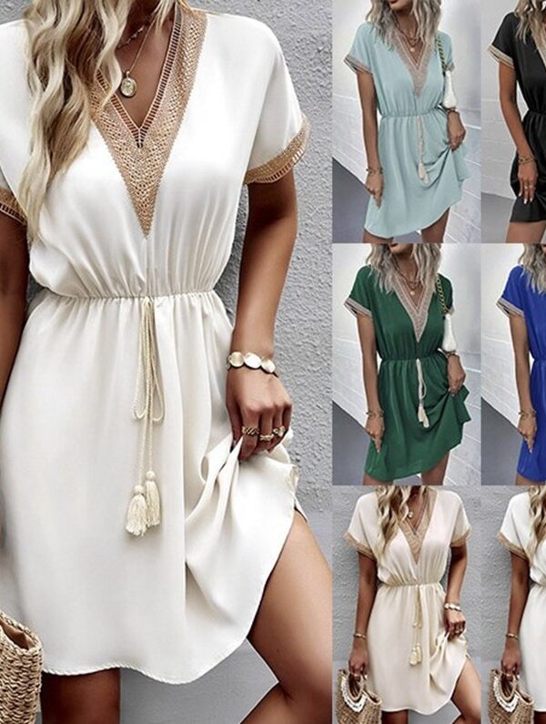 spring and summer solid color short sleeve lace V-neck tight waist dress