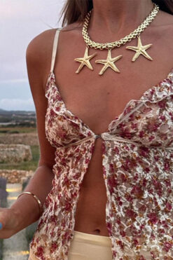 2025 summer new classic style elegant hot girl Sexy Slim printed V-neck strap top women's cross-border European and American style