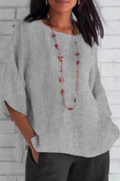 spring and summer round neck cotton linen solid color loose top T-shirt