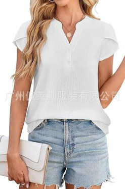 Women's solid color and V-neck pleated petal short-sleeved T-shirt button shirt