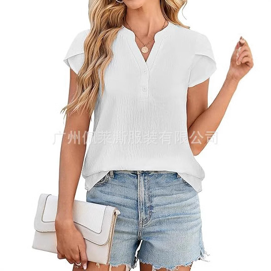 Women's solid color V-neck pleated petal short-sleeved T-shirt
