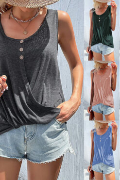 Women's new twist T-shirt solid color button round neck sleeveless vest top