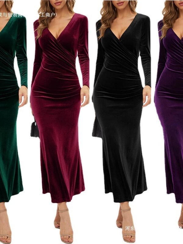 V-neck slim fit elegant velvet long sleeve fishtail evening dress