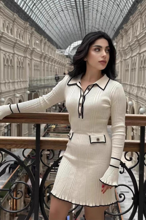 French stitching Chanel style long sleeve lapel button wooden ear knitted dress
