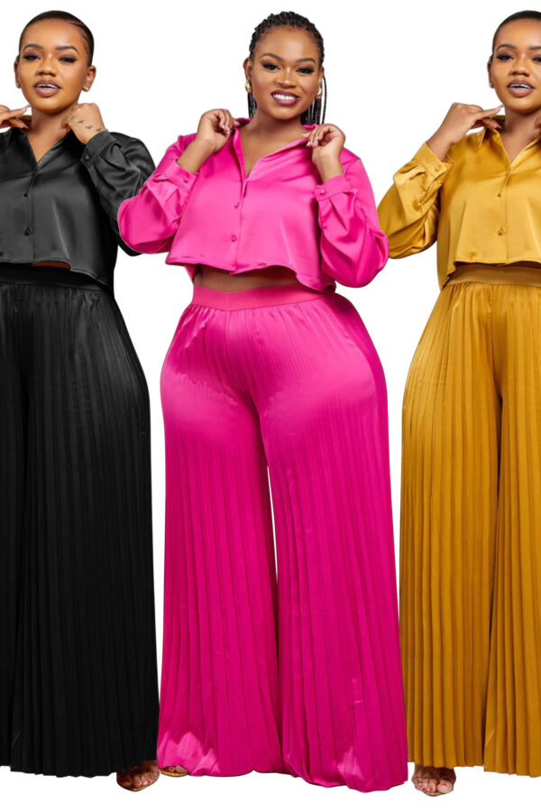women's casual shirt top wide leg pants folding two-piece