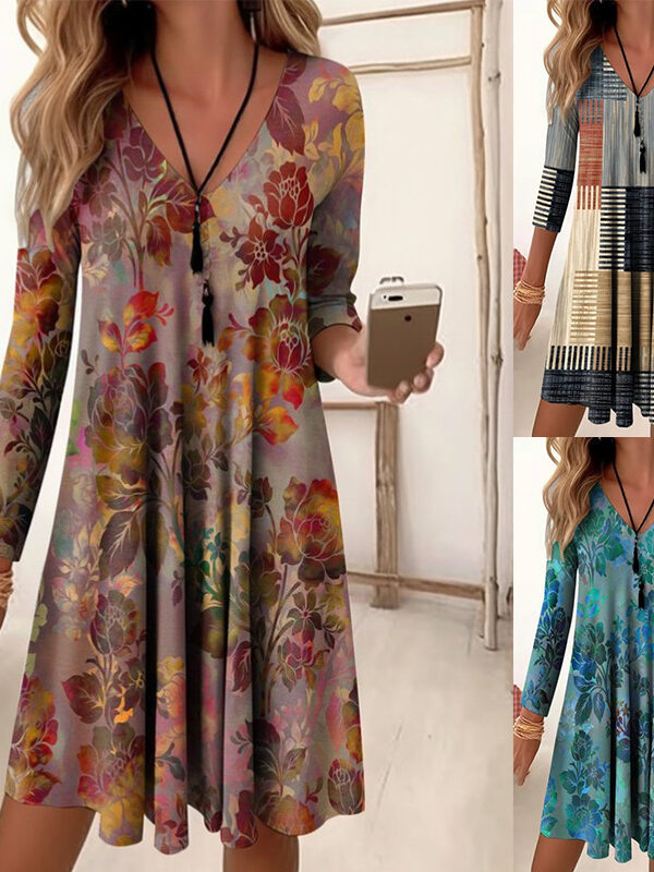 V-neck high waist retro gradient color printing nine-quarter sleeve loose dress